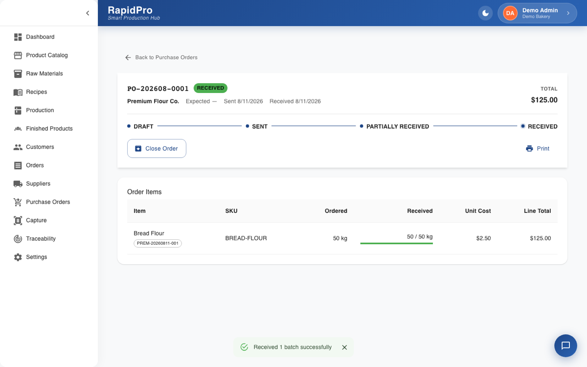 Recepción de un pedido de compra en RapidPro generando un lote trazable